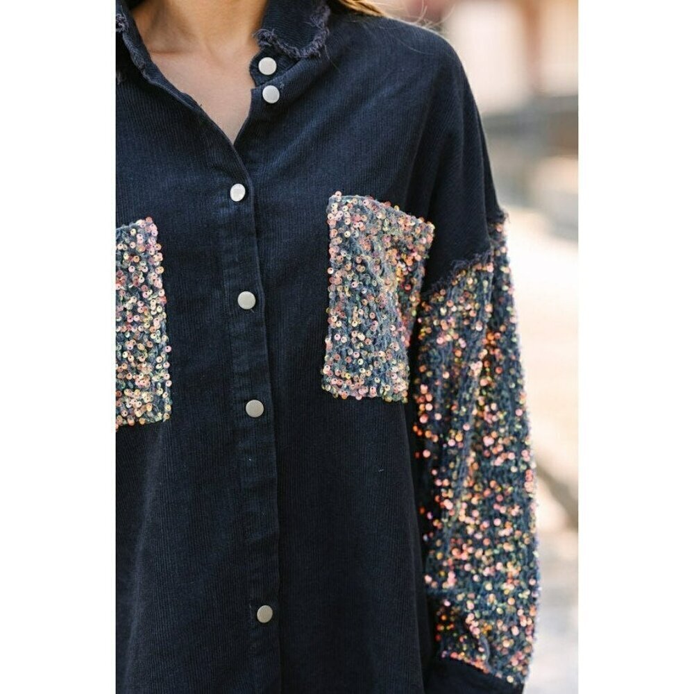 Halfway there Sequin Corduroy Shacket in Charcoal